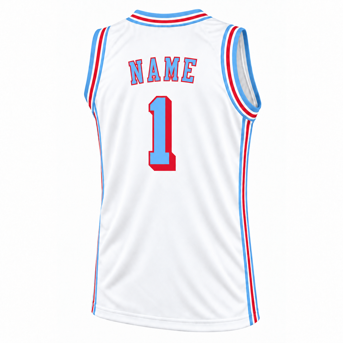 1968 St Louis Hawks white jersey mockup, back, number 1 and NAME in light blue with red outlines.