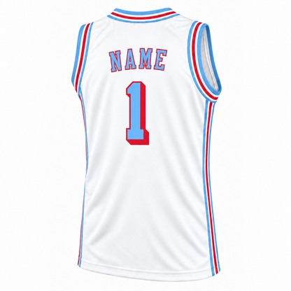 1968 St Louis Hawks white jersey mockup, back, number 1 and NAME in light blue with red outlines.