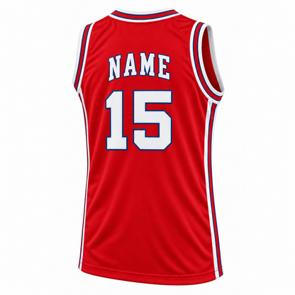 St Louis Hawks red basketball jersey back mockup, NAME and number 15 in white with blue outlines.