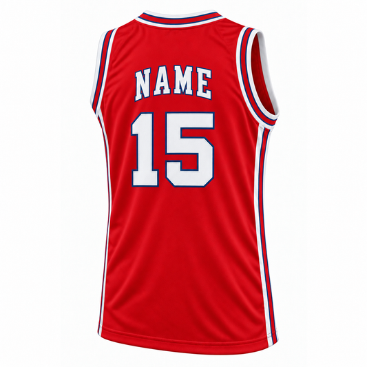 St Louis Hawks red basketball jersey back mockup, NAME and number 15 in white with blue outlines.