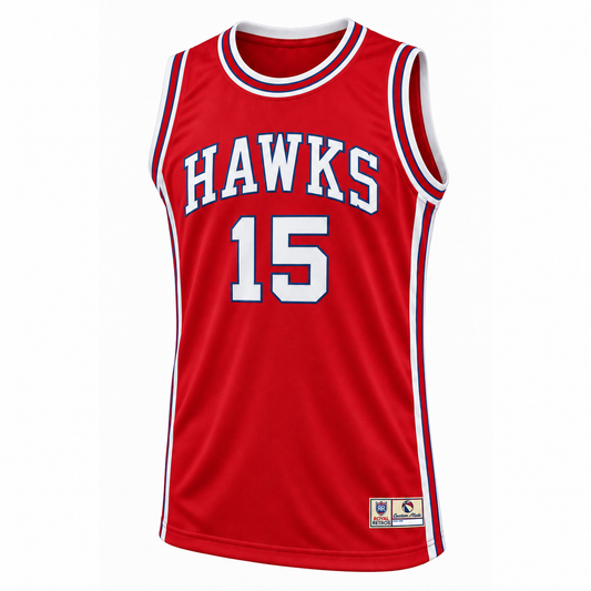 St Louis Hawks red basketball jersey front mockup, HAWKS and number 15 in white with blue outlines.