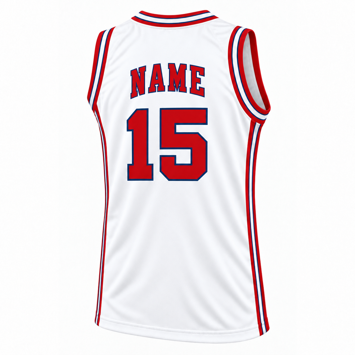 St Louis Hawks white basketball jersey back mockup, NAME and number 15 in red with blue outlines.