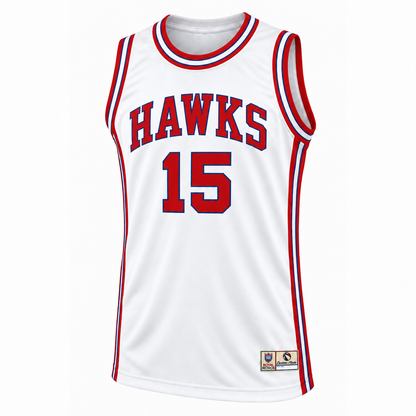 St Louis Hawks white basketball jersey front mockup, HAWKS and number 15 in red with blue outlines.