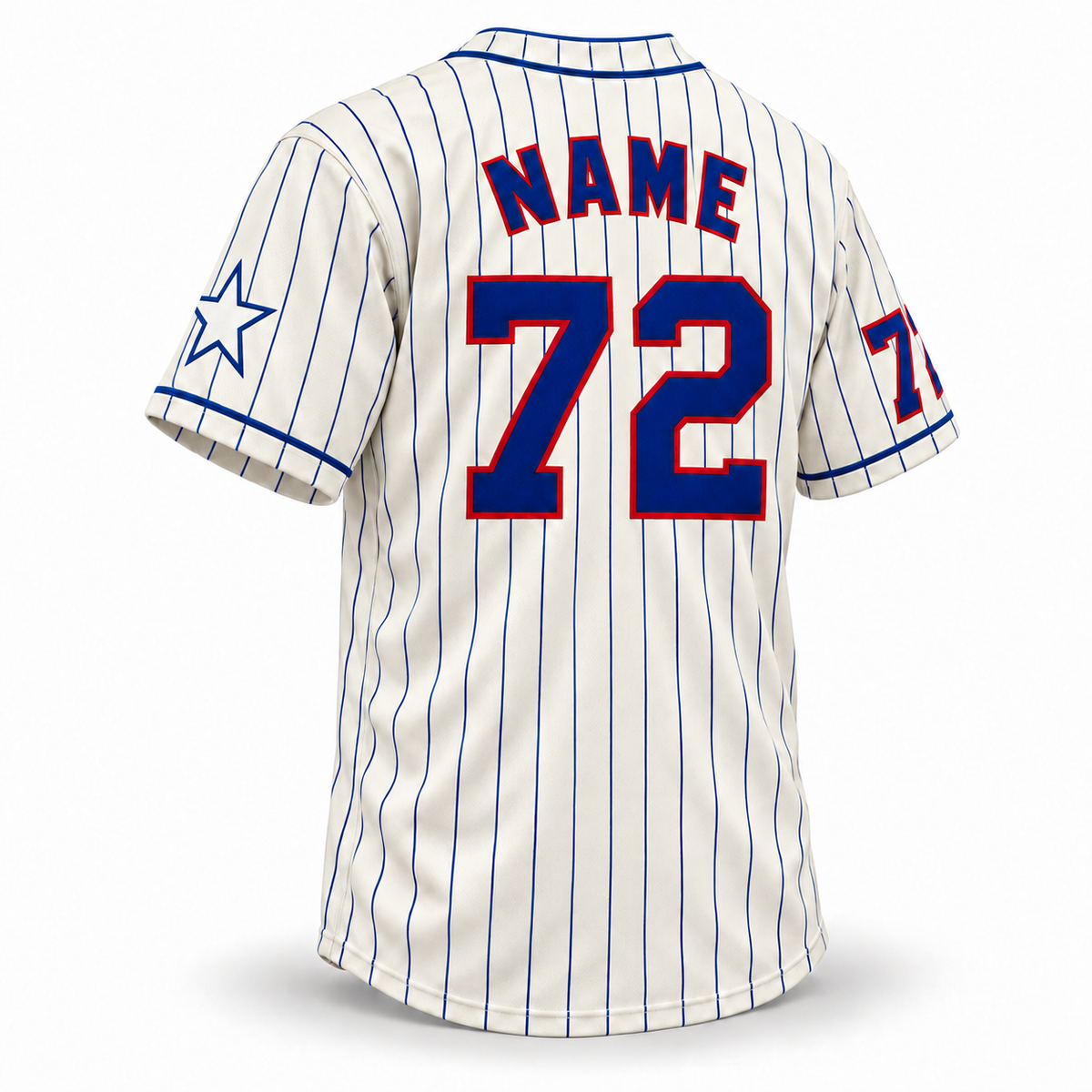St Louis Stars NLB Jersey – cream back with royal pinstripes, NAME and 72 with red outlines