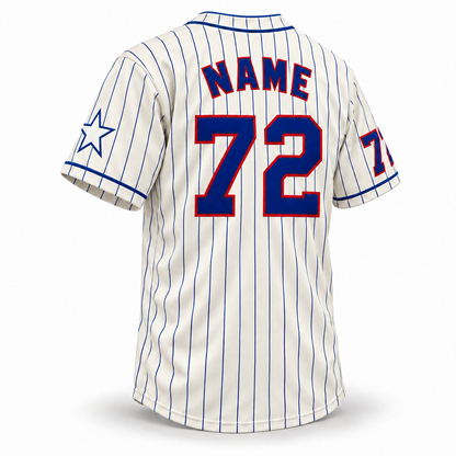 St Louis Stars NLB Jersey – cream back with royal pinstripes, NAME and 72 with red outlines