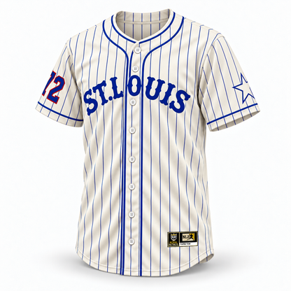 St Louis Stars NLB Jersey – cream front with royal pinstripes, ST. LOUIS lettering and sleeve details