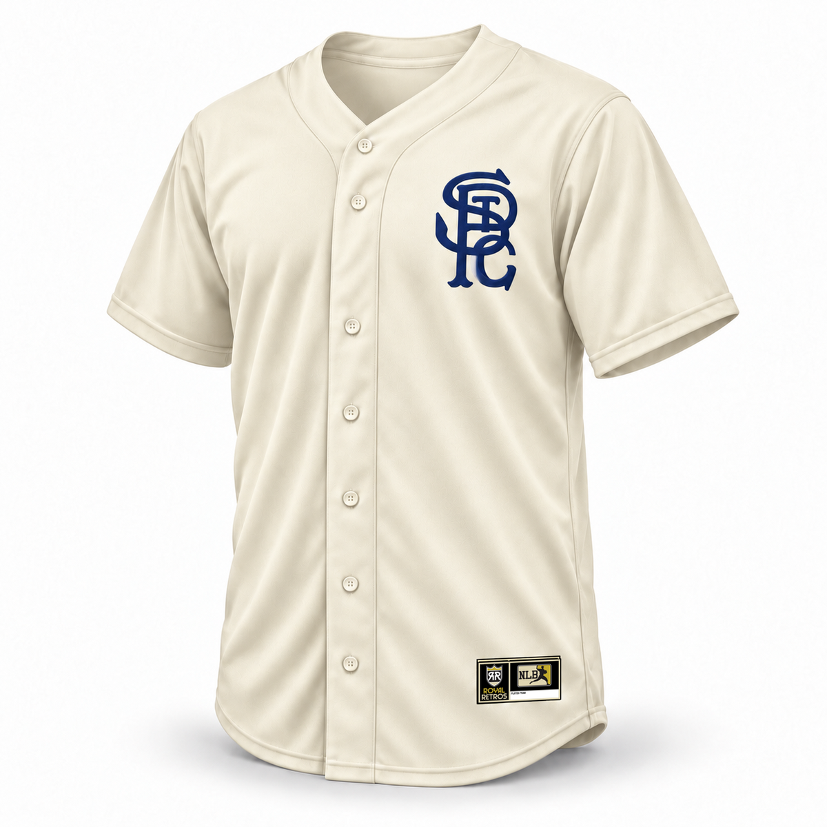 St. Paul Gophers cream jersey front mockup with navy interlocking STPG logo