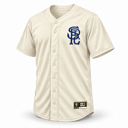 St. Paul Gophers cream jersey front mockup with navy interlocking STPG logo