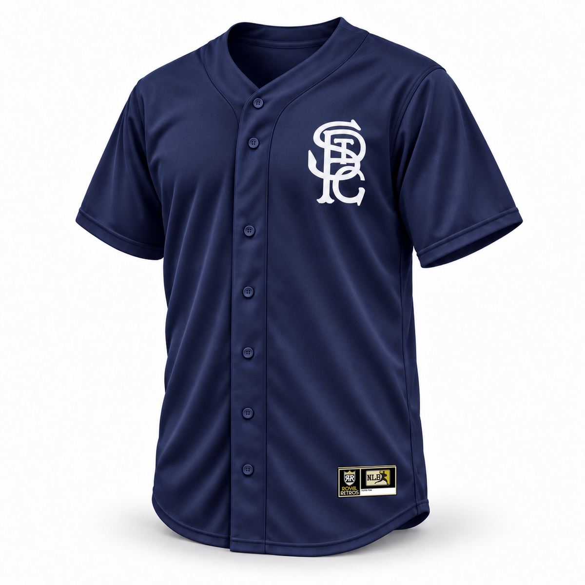 St. Paul Gophers navy jersey front mockup with white interlocking STPG logo