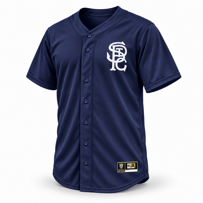 St. Paul Gophers navy jersey front mockup with white interlocking STPG logo