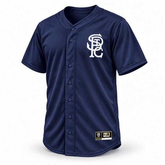 St. Paul Gophers navy jersey front mockup with white interlocking STPG logo