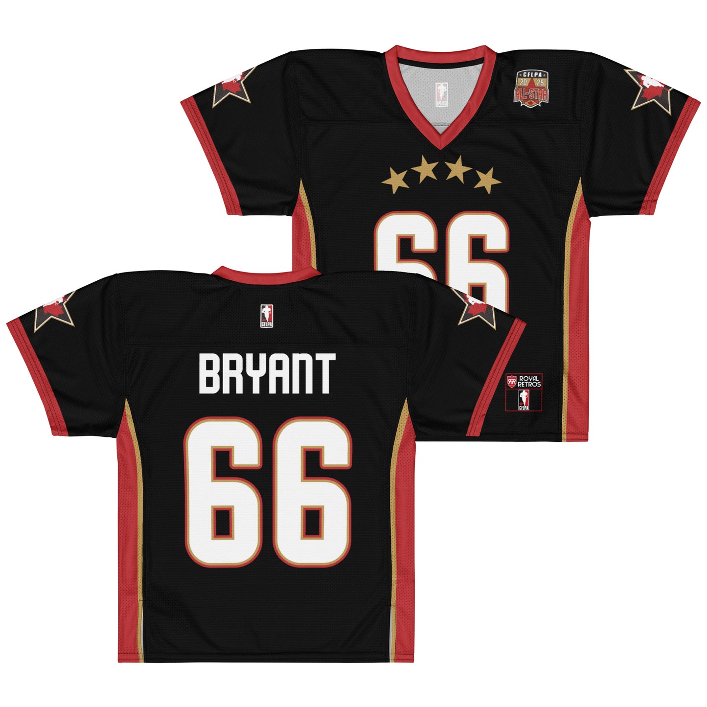 2025 CFLPA All-Star Replica Jersey. Front and Black. Back. Red collar and sleeve ends. Four gold stars over large white name over large white numerals with red trim. Gold, red, and gold stripes up sides. Royal Retro