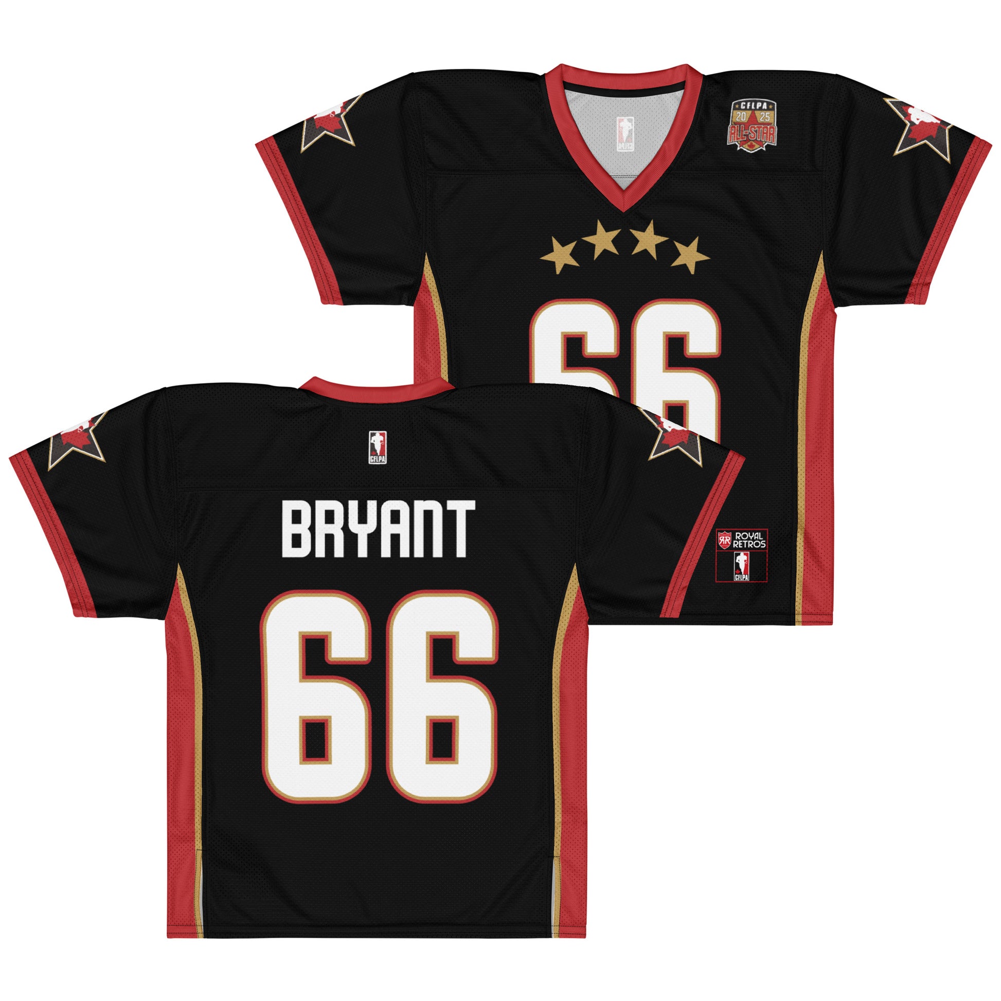 2025 CFLPA All-Star Replica Jersey. Front and Black. Back. Red collar and sleeve ends. Four gold stars over large white name over large white numerals with red trim. Gold, red, and gold stripes up sides. Royal Retro
