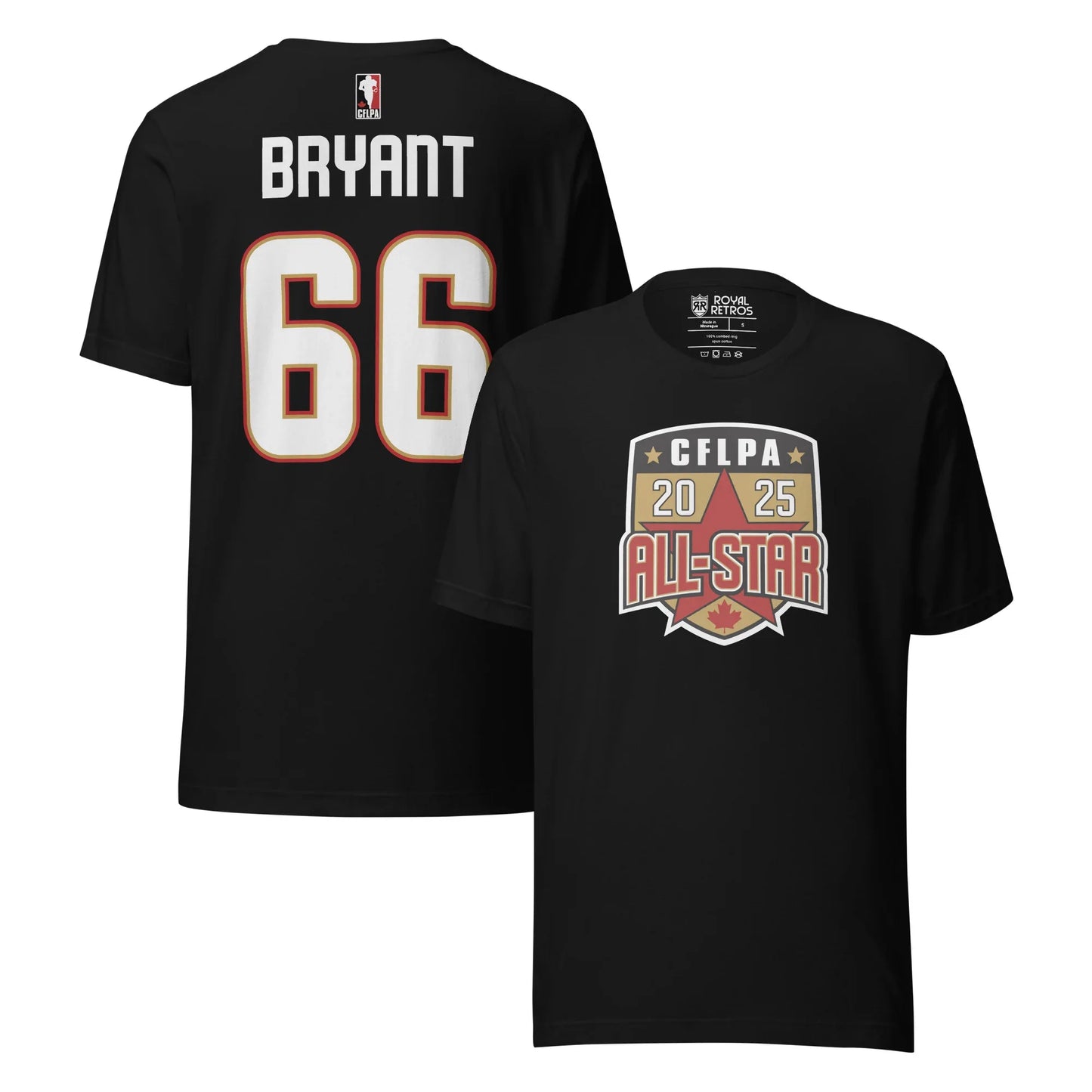 2025 CFLPA All Star Player T-Shirt. Black. Back upper right. Name in large letters across top of back in white. Large white numerals with red trim, below. Front, lower right. Shield with white trim. Inside is CFLPA in white over black with two gold stars on either side. Large star on gold background in shield below, with 20 in white on one side of point, 25 on right. ALL-STAR in red with white and black trim across bottom part of shield, red maple leaft at bottom of shield. Royal Retros