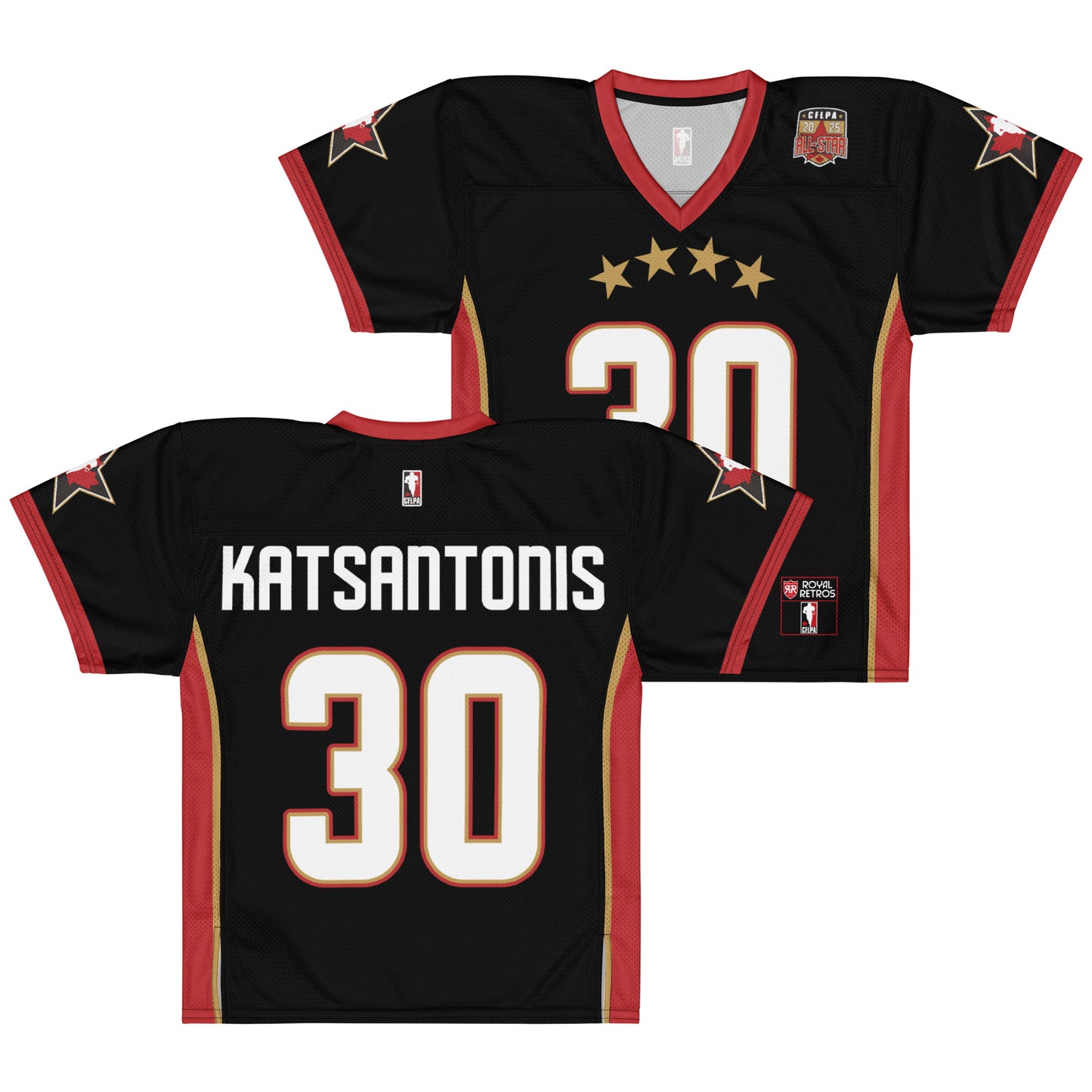 2025 CFLPA All-Star Replica Jersey. Black. Front and Back. Red collar and sleeve ends. Four gold stars over large white name over large white numerals with red trim. Gold, red, and gold stripes up sides. Royal Retro