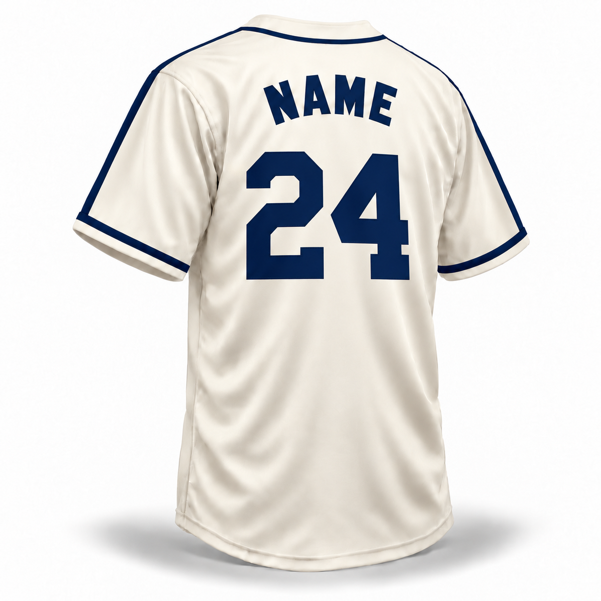 Steelheads NLB Jersey – cream back mockup with solid navy NAME and block number 24, connected shoulder and sleeve stripes and navy cuff bands