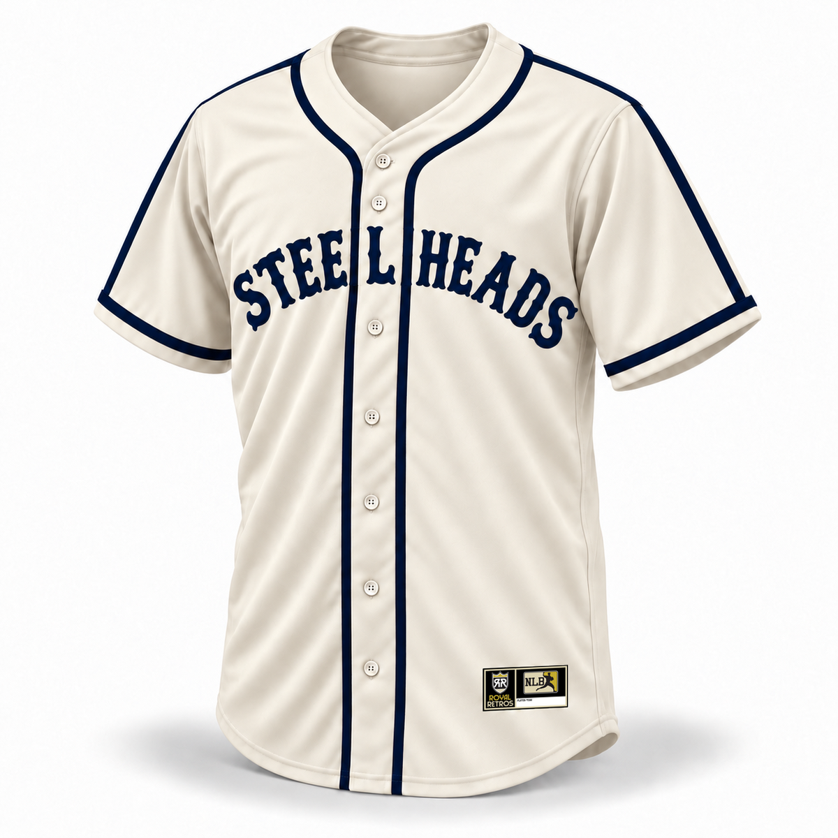 Steelheads NLB Jersey – cream front mockup with navy vintage STEELHEADS lettering, connected shoulder and sleeve stripes, navy cuff bands and original NLB jock tag