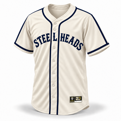 Steelheads NLB Jersey – cream front mockup with navy vintage STEELHEADS lettering, connected shoulder and sleeve stripes, navy cuff bands and original NLB jock tag