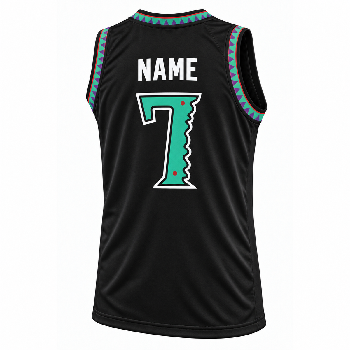 New Jersey Swamp Dragons custom basketball jersey, black back, number 7, white NAME in block letters without outline. Royal Retros.