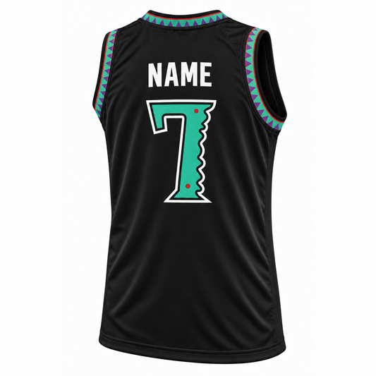 New Jersey Swamp Dragons custom basketball jersey, black back, number 7, white NAME in block letters without outline. Royal Retros.
