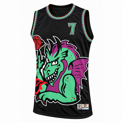 New Jersey Swamp Dragons custom basketball jersey, black front, number 7. Royal Retros.