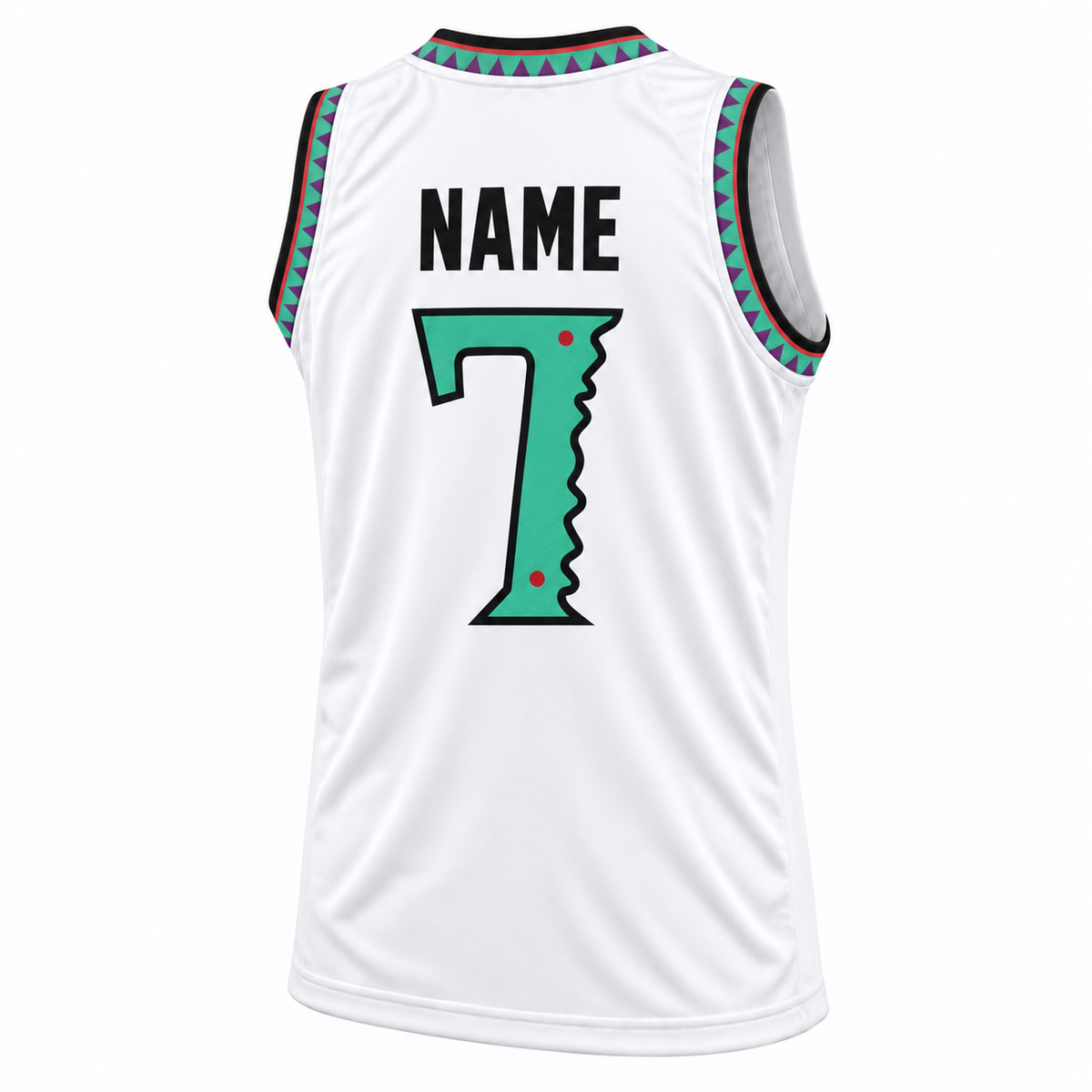 New Jersey Swamp Dragons custom basketball jersey, white back, number 7, black NAME in block letters without outline. Royal Retros.