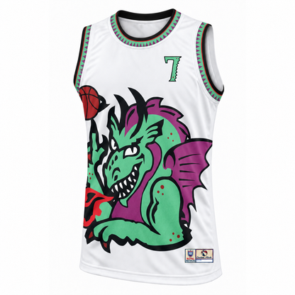 New Jersey Swamp Dragons custom basketball jersey, white front, number 7. Royal Retros.