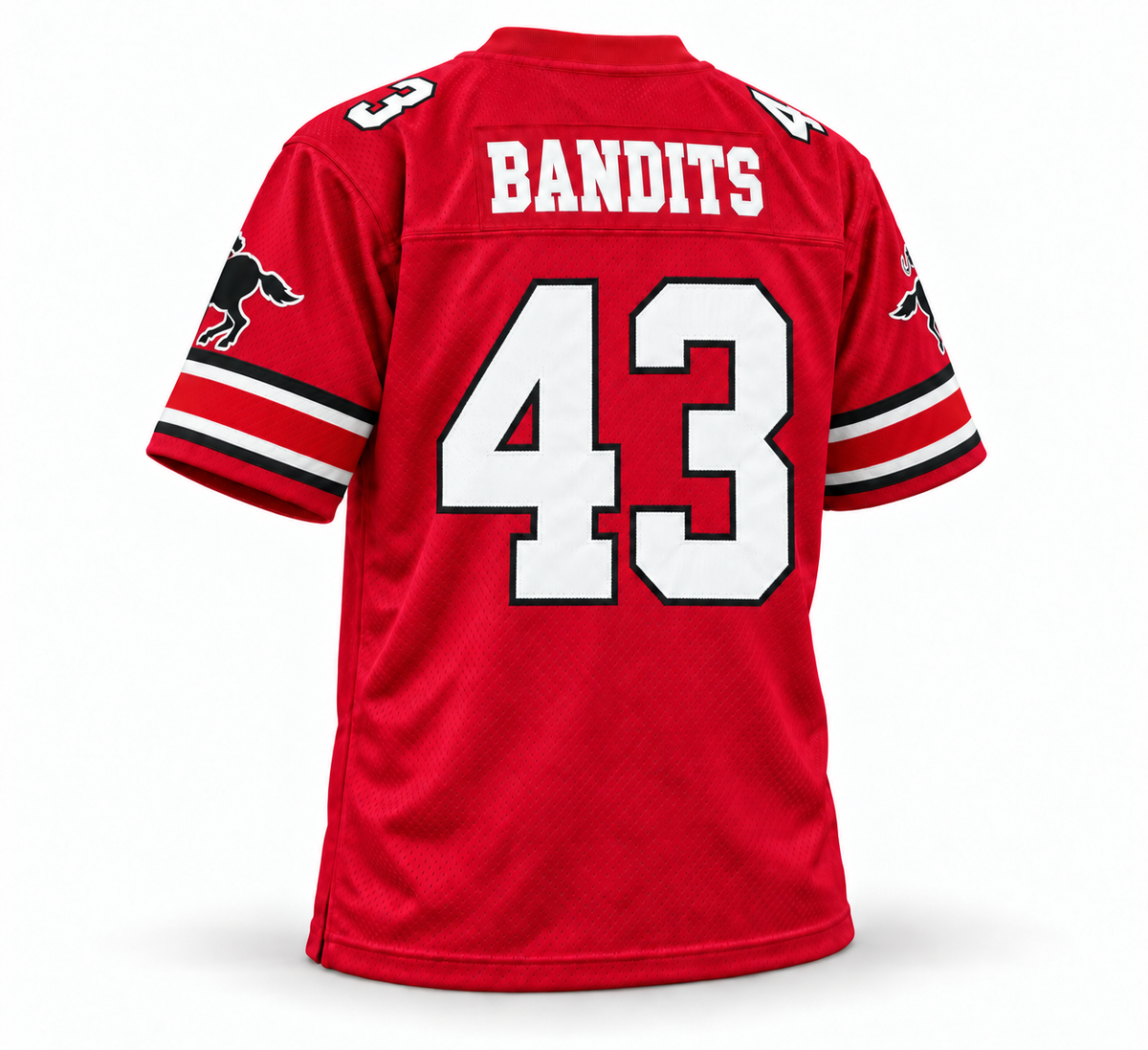 Tampa Bay Bandits 1985 USFL jersey mockup — red back, BANDITS, number 43
