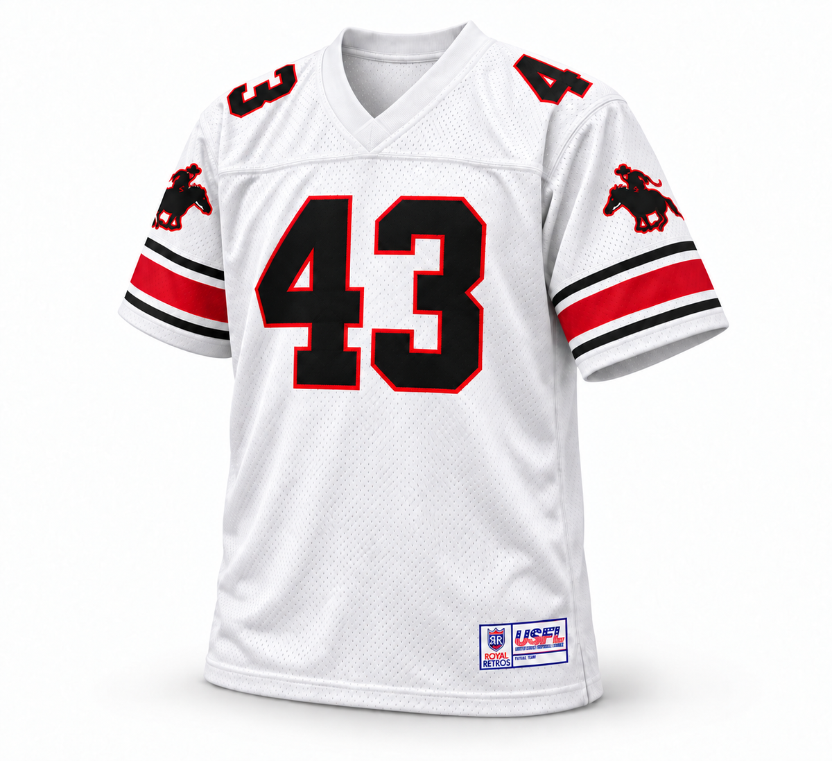 Tampa Bay Bandits 1985 USFL jersey mockup — white front, number 43