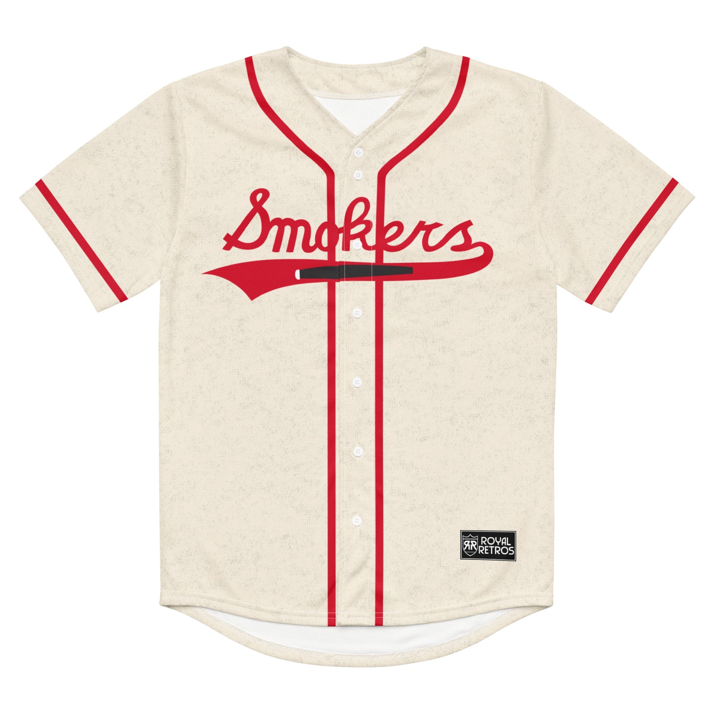Tampa Bay Smokers replica button-up baseball jersey, white Red piping on either side of buttons and around collar, also at sleeve ends. Smokers in cursive cross chest with text tail below.