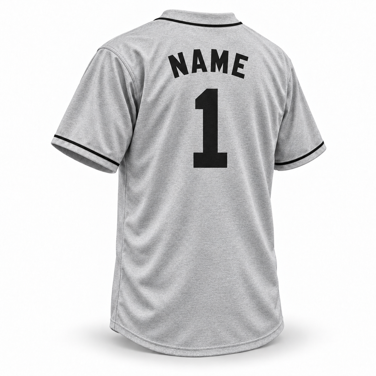 Texas Black Spiders NLB Jersey — gray wool back mockup with solid black block NAME and number 1, black neck piping and cuff trim.