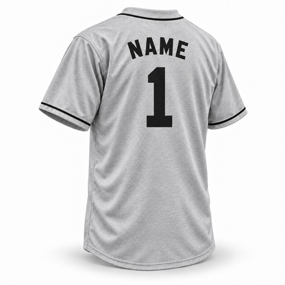 Texas Black Spiders NLB Jersey — gray wool back mockup with solid black block NAME and number 1, black neck piping and cuff trim.