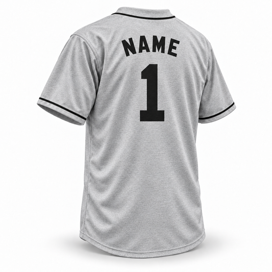 Texas Black Spiders NLB Jersey — gray wool back mockup with solid black block NAME and number 1, black neck piping and cuff trim.