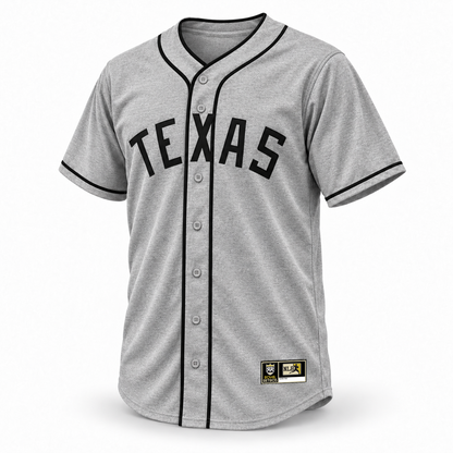 Texas Black Spiders NLB Jersey — gray wool front mockup with black TEXAS lettering, crossover collar and placket piping, cuff trim and original NLB jock tag.