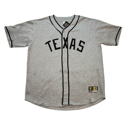 Texas Black Spiders NLB Jersey. Heather gray. Black piping on collar, sleeve ends and button placket. TEXAS in black block letters across chest. Royal Retros