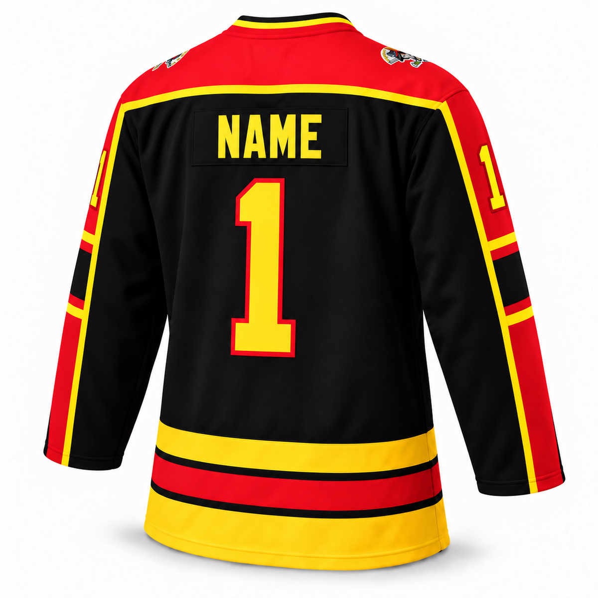 Topeka Scarecrows black jersey back, yellow NAME and number 1