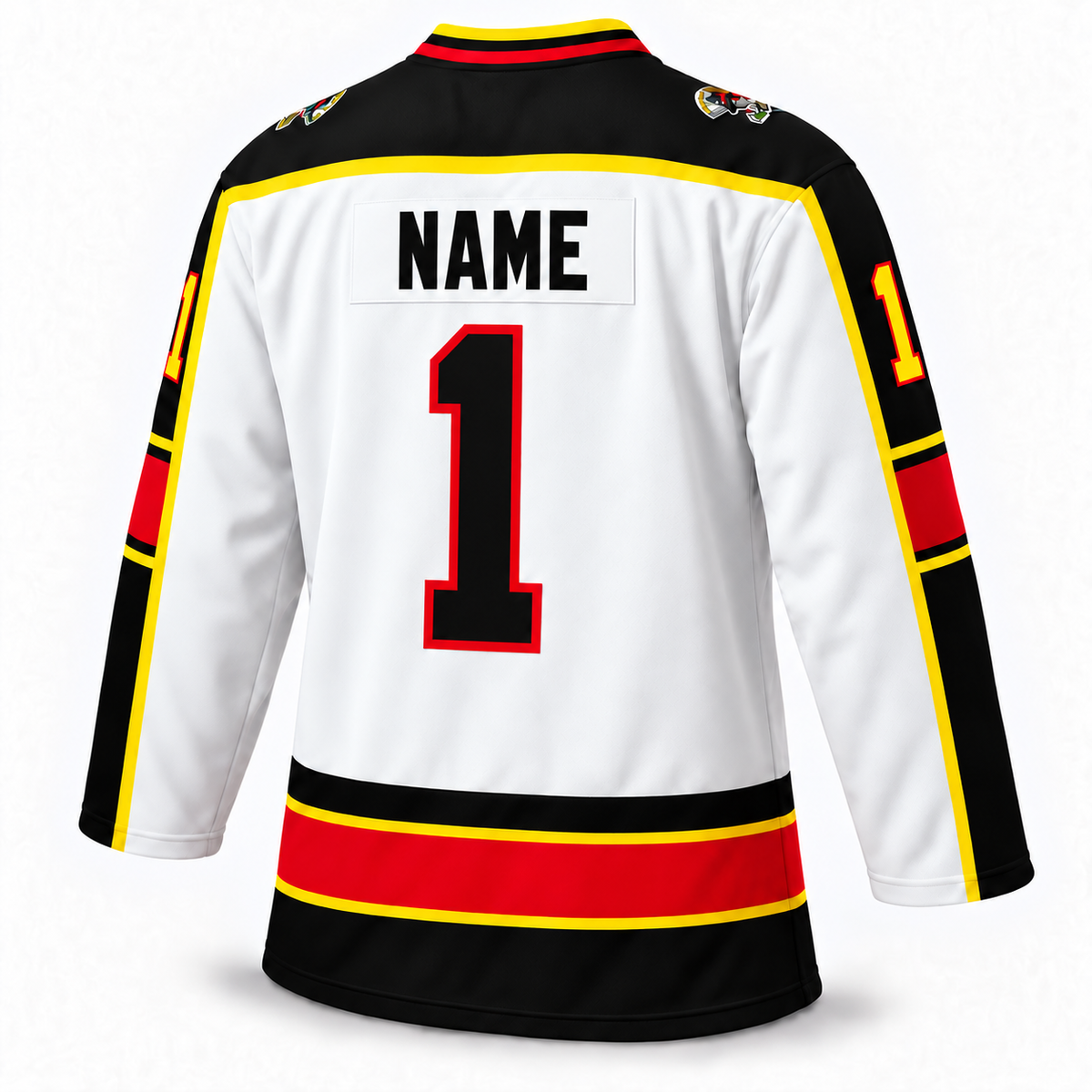 Topeka Scarecrows white jersey back, black NAME and black number 1 with red outline