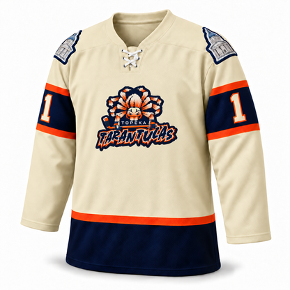 Topeka Tarantulas cream jersey front mockup, number 1