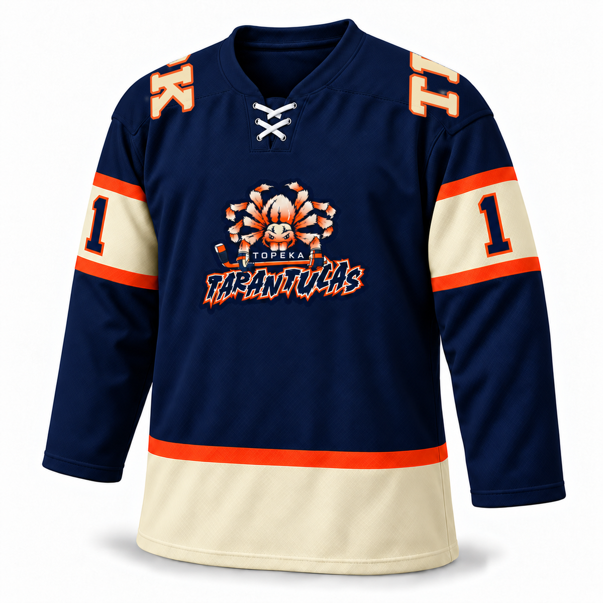 Topeka Tarantulas navy jersey front mockup, number 1