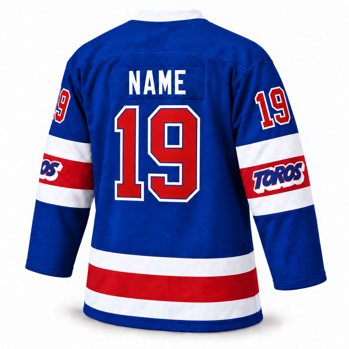 Toronto Toros custom blue hockey jersey back mockup with NAME and number 19
