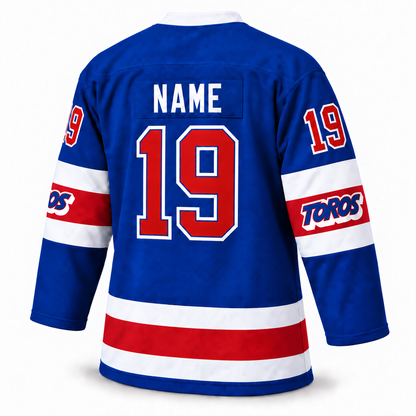 Toronto Toros custom blue hockey jersey back mockup with NAME and number 19