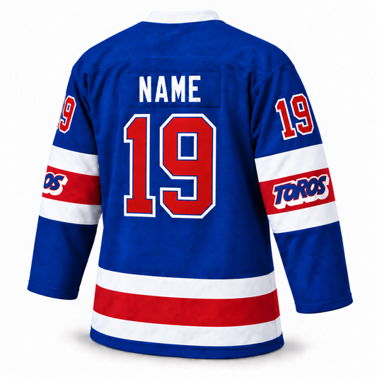 Toronto Toros custom blue hockey jersey back mockup with NAME and number 19