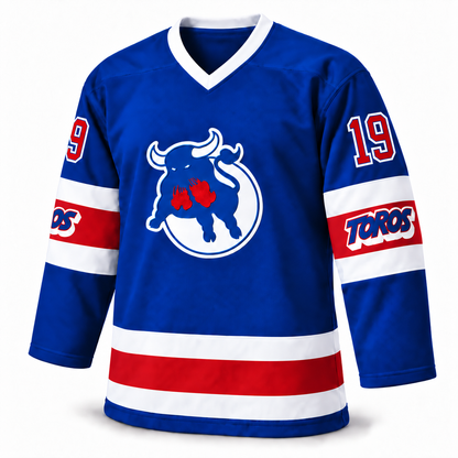 Toronto Toros custom blue hockey jersey front mockup, number 19