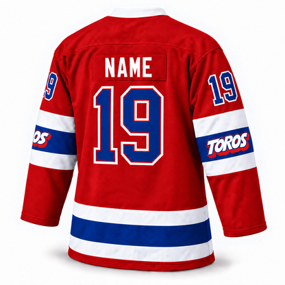 Toronto Toros Remix custom red jersey back mockup, NAME 19 — white TOROS sleeve logos with blue outline and red drop shadow