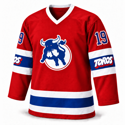 Toronto Toros Remix custom red jersey front mockup, number 19 — white TOROS sleeve logos with blue outline and red drop shadow