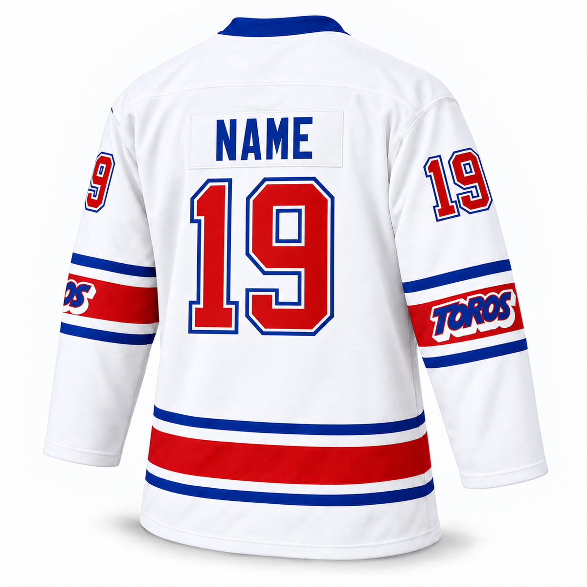 Toronto Toros custom white hockey jersey back mockup with NAME and number 19