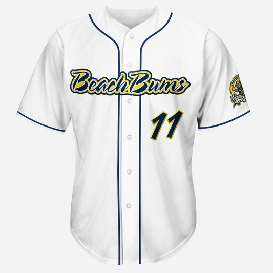 Traverse City Beach Bums Jersey white with blue piping. Beach Bums script logo blue, with gold and white trim. Blue numerals with gold trim Royal Retros