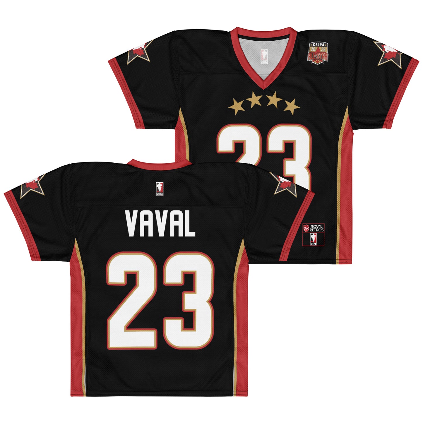 2025 CFLPA All-Star Replica Jersey. Black. Front and Back. Red collar and sleeve ends. Four gold stars over large white name over large white numerals with red trim. Gold, red, and gold stripes up sides. Royal Retro