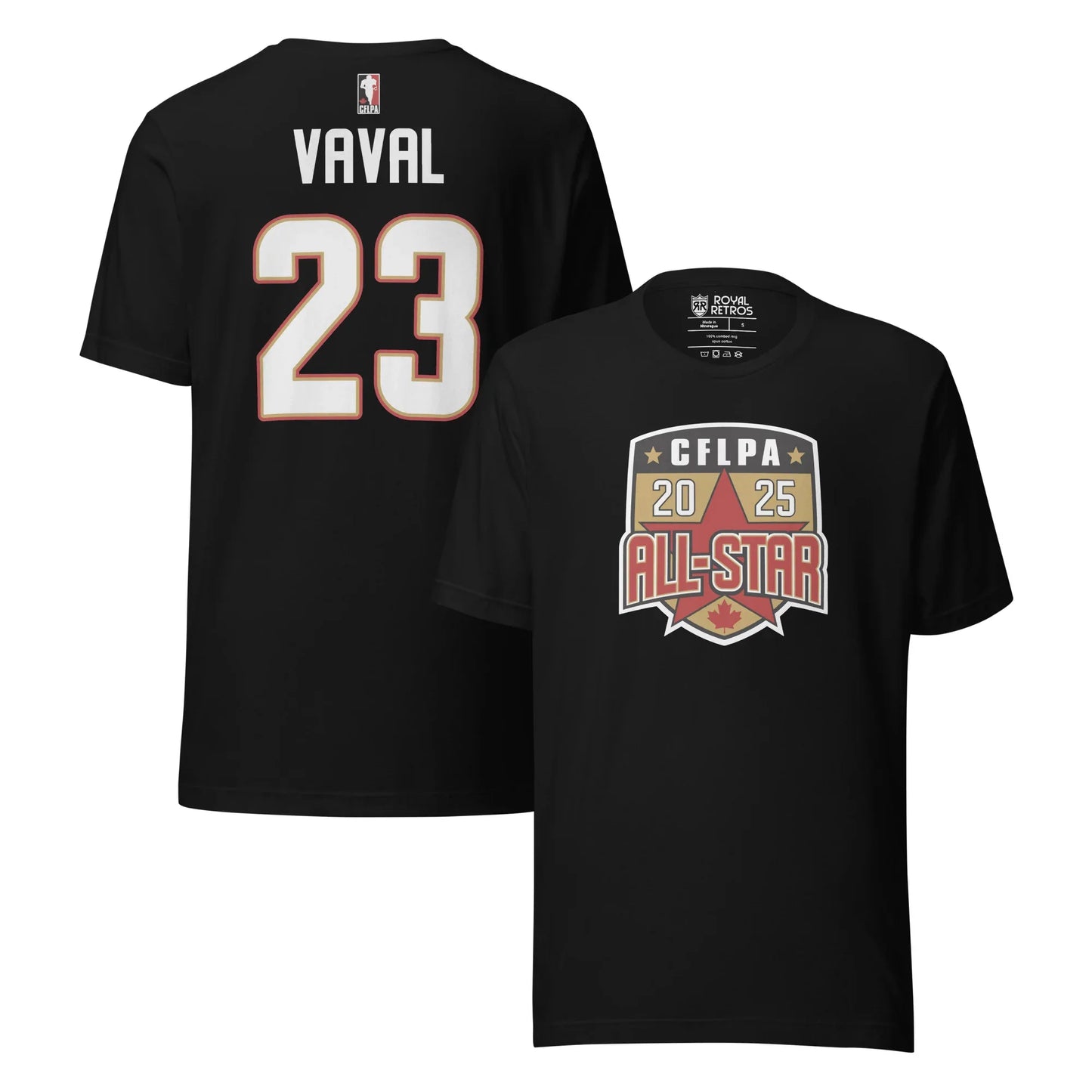 2025 CFLPA All Star Player T-Shirt. Black. Back upper right. Name in large letters across top of back in white. Large white numerals with red trim, below. Front, lower right. Shield with white trim. Inside is CFLPA in white over black with two gold stars on either side. Large star on gold background in shield below, with 20 in white on one side of point, 25 on right. ALL-STAR in red with white and black trim across bottom part of shield, red maple leaft at bottom of shield. Royal Retros