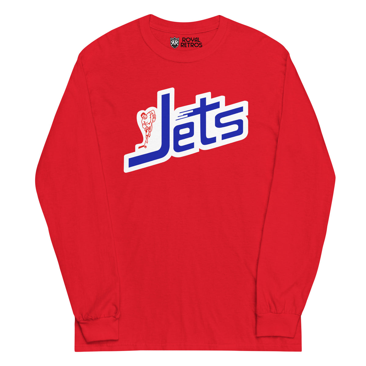 WHA Jets long sleeve T-shirt. Red. Slanted blue Jets wordmark with white outline and a hockey player on the J. Royal Retros